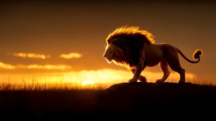 Majestic lion silhouette at sunset.