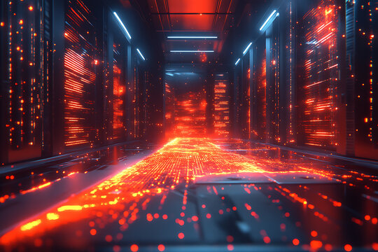 A glowing quantum computer in a futuristic lab with digital waves in the background