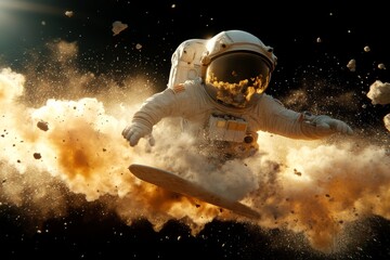 Astronaut performing a dynamic snowboarding trick in a dramatic explosion of dust and debris in outer space