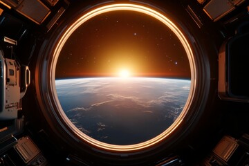 Sunrise over Earth viewed from a spacecraft window in low Earth orbit