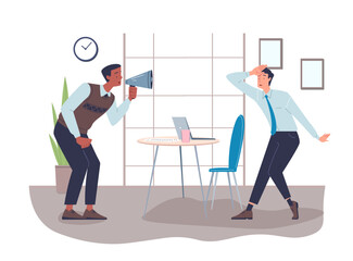 A vector illustration of workplace conflict. One employee shouts through a megaphone while another looks distressed, shielding their ear. Concept of workplace tension and communication issues