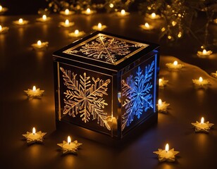 Decorative glass lantern with snowflake design surrounded by soft glowing candles, creating a cozy...