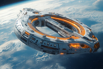 Obraz premium A luxurious space hotel orbiting Earth with a breathtaking view of the planet