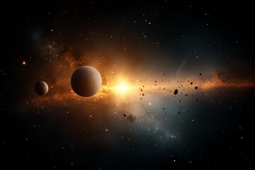 Exploration of a vibrant cosmic landscape with planets and asteroids glowing in the vast universe