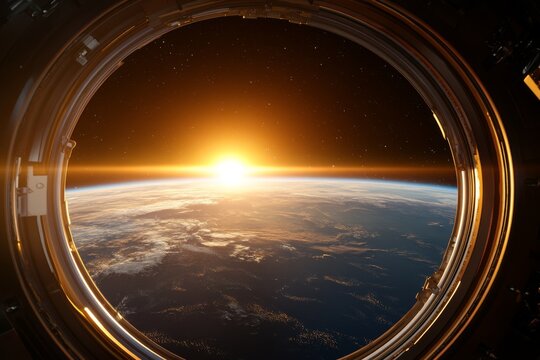 Breathtaking sunrise visible from a space station viewing window over Earth
