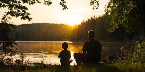 Father and son fishing together on the lake in the summer. Father teaches his son to fish on the lake against the background of sunset. The concept of fishing.
