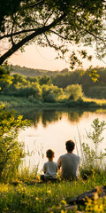 Father and son fishing together on the lake in the summer. Father teaches his son to fish on the lake against the background of sunset. The concept of fishing.