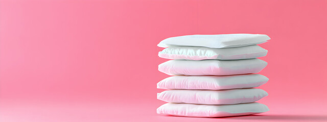 Female hygienic disposable menstrual pads on pink background with space for text. The concept of feminine hygiene.