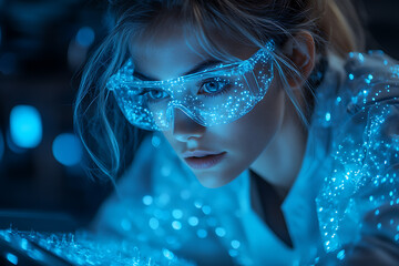 A scientist examining glowing cells in a futuristic biotech lab