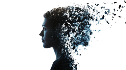 Artistic digital composition of human profile disintegrating