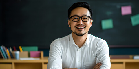 A smiling Asian male teacher in a classroom with a blackboard in the background. Teacher concept.