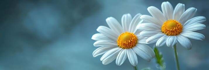 Fototapeta premium Two white daisies with yellow centers against a soft, blurred background.