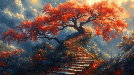 Stone steps ascend a hill, flanked by vibrant red autumn trees under a dramatic sky.