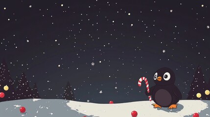 Naklejka premium Adorable Penguin with Candy Cane in Snowy Winter Night Scene