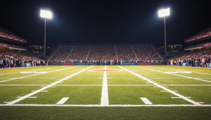 Obraz premium A serene view of an empty football field under bright stadium lights, highlighting the game's atmosphere.