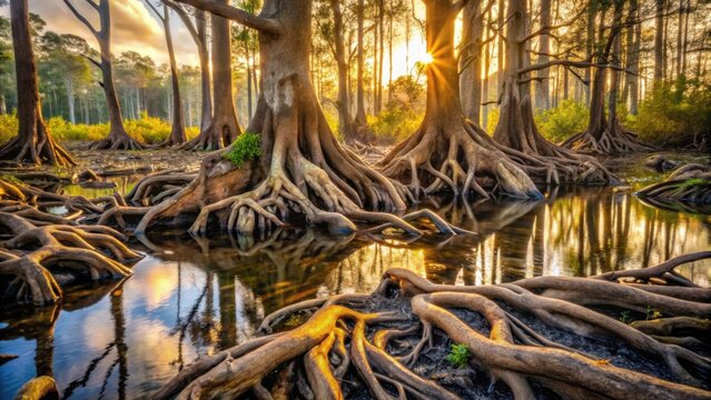 A mystical sunrise illuminates the tangled roots of ancient trees, their silhouettes reflecting in the still water, creating a surreal and ethereal landscape.
