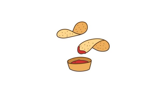 Chips falling down Into sausage bowl. Close-up Potatoes Chips 3d animation. Potato Chips falling in ketchup bowl