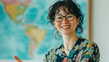 Smiling Woman, Glasses, Floral Dress, World Map Background, Happy, Teaching, Education, Travel, 