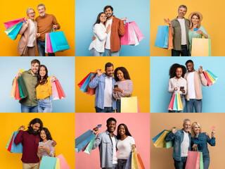 Obraz premium Groups of people smile and celebrate while carrying colorful shopping bags during a vibrant sale event. The atmosphere is lively with joy and excitement among shoppers of different ages.