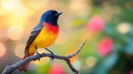 Bird perched on tree branch with vibrant feathers, soft lighting, serene scene