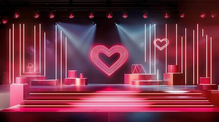 3D Valentinea??s Day-themed backdrop with pink, red, white podiums, neon heart shapes, and geometric platforms for product displays
