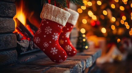 Christmas stockings with vibrant lighting, cozy fireplace setup, soft glow
