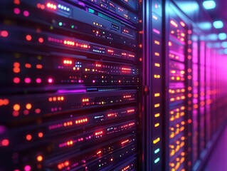 Cloud storage with vibrant servers, sleek design, soft lighting