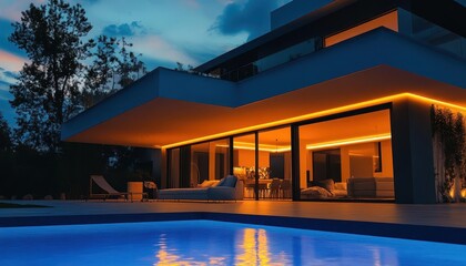 Fototapeta premium Contemporary house with vibrant lighting, sleek design, cozy atmosphere
