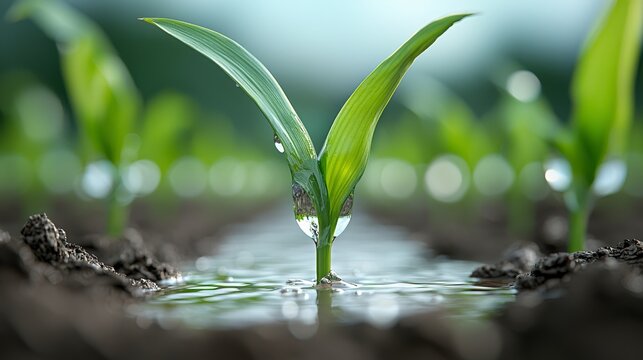 Close-up of waterlogged farmland, young plants submerged in muddy water, heavy rainfall aftermath, cloud-filled sky, depicting agricultural impact