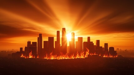 Obraz premium Close-up of wildfire embers reaching city outskirts, intense glow casting eerie light on smoke-filled horizon, city buildings faintly in view