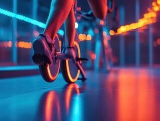 Cycling workout with vibrant lighting, dynamic energy, sleek gym setup