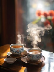 Two Cups of Tranquility: Two steaming cups of tea rest on a wooden table, bathed in warm sunlight, inviting you to savor a moment of peaceful relaxation. 