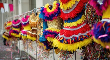 Colorful feathered costumes hanging in outdoor market stall Vibrant celebration atmosphere with sparkling decorations and confetti