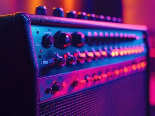 Electric guitar amp with vibrant lighting, dynamic energy, cozy music studio