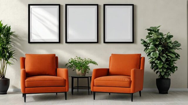 Stylish orange chairs and greenery create a cozy living space with empty frames on the wall