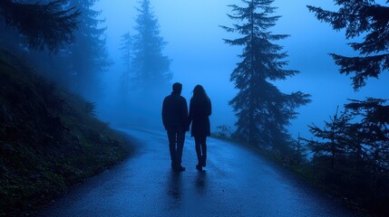 Obraz premium Serene Couple Walking in Blue Foggy Forest at Dusk