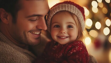 Family holiday portrait with vibrant lighting, cozy home setup, soft glow