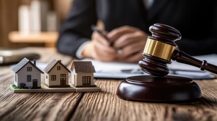 Gavel and Miniature Houses on a Wooden Table
