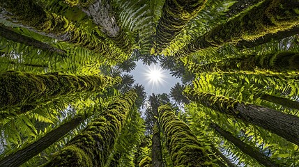 Fototapeta premium Sun shining through moss-covered trees in a lush forest.