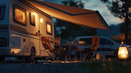Camping Under the Awning at Dusk