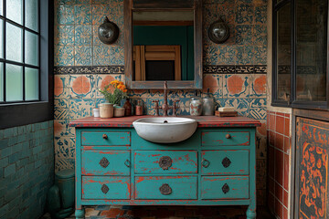 Salle de Bain Récup et Colorée avec Tapisserie Vinyle Inspiration Marocaine, Coiffeuse Vintage Restaurée en Turquoise et Carreaux Colorés Autour du Miroir, Ambiance Éclectique et Artistique