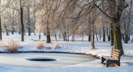 Snow-covered park with frozen pond and bench