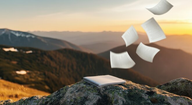Notebook on rock, pages blowing away; mountainous sunset backdrop