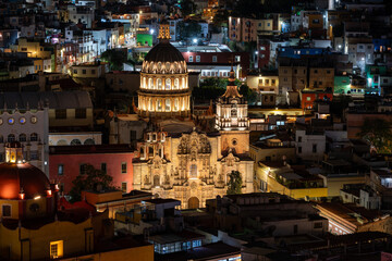 Guanajuato city view with Templo de la Compania Guanajuato at night