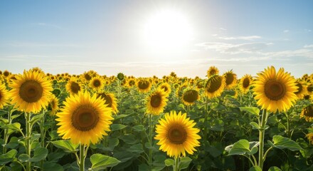 Fototapeta premium Vibrant sunflower field with bright yellow flowers under clear sunny sky