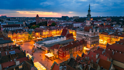 aerial evening view of the city center of poznan in poland in spring