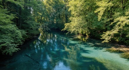 Scenic river flowing through lush green forest in daylight