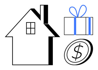 House structure with window, gift box tied with ribbon, and dollar coin with dollar sign. Ideal for real estate, home buying, financial rewards, investment, property gifting, savings budget planning