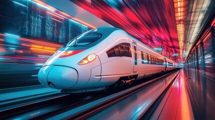 Fototapeta premium High-speed train with vibrant lighting, sleek design, dynamic energy