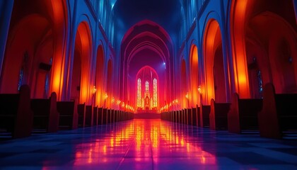 Historic cathedral with vibrant lighting, soft glow, serene architectural setup